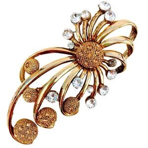 Large 3" VTG MCM Atomic Sun Burst Floral Sunflower Gold Tone Rhinestone Brooch